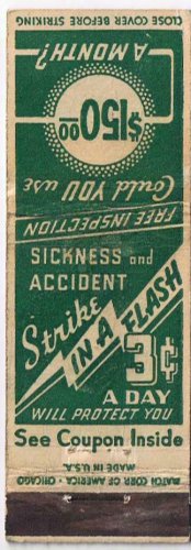 Matchbook Cover Sterling Insurance Chicago Illinois 3 Cents A Day