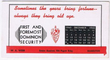 Hamilton Ontario Advertising Card Ink Blotter W A Webb 1945 Calendar Dominion
