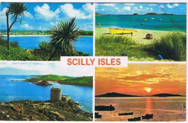England UK  Postcard Scilly Isles Multi Par Beach Sunset Samson Cromwell Castle