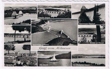 Germany Postcard Mohnesee Multi View Sperrmauer Stramdbad Abend Korbecker Brucke