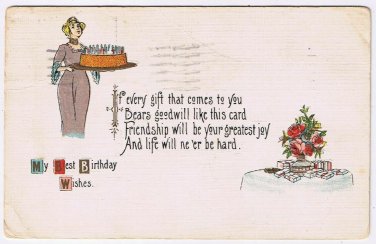 Postcard Best Birthday Wishes Cake Bouquet Flowers 1924