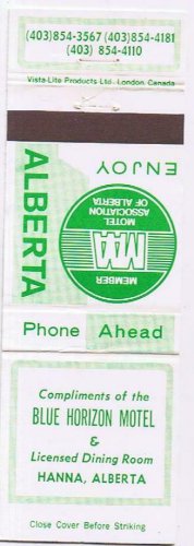 Matchbook Cover Blue Horizon Motel Hanna Alberta