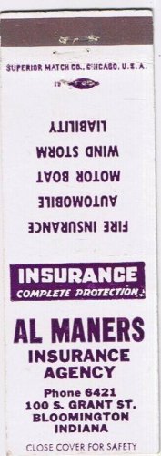 Matchbook Cover Al Maners Insurance Agency Bloomington Indiana Grant Street