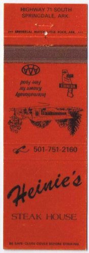 Matchbook Cover Heinie's Steak House Springdale Arkansas
