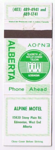 Matchbook Cover Alpine Motel Edmonton Alberta