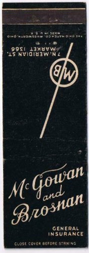 Matchbook Cover McGowan & Brosnan General Insurance Indianapolis Indiana