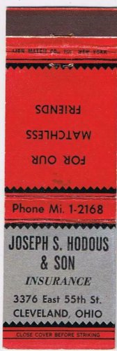 Matchbook Cover Joseph s Hadous & Son Insurance Cleveland Ohio