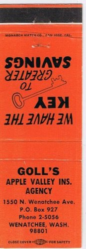 Matchbook Cover Goll's Apple Valley Insurance Wenatchee Washington