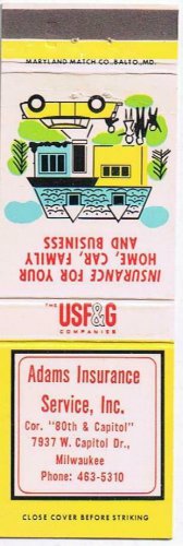 Matchbook Cover Milwaukee WI USF&G Adams Insurance Service