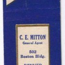 Matchbook Cover Denver CO C E Mitton Central States Life Insurance