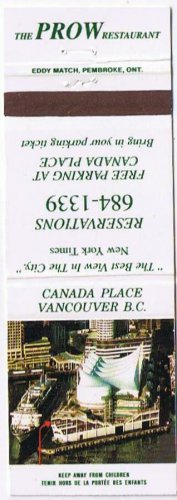 Matchbook Cover Vancouver BC The Prow Restaurant Canada Place