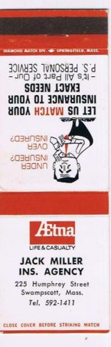 Matchbook Cover Jack Miller Insurance Agency Aetna Swampscott Massachusetts