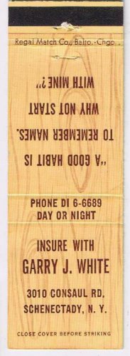 Matchbook Cover Garry J White Insurance Schenectady New York