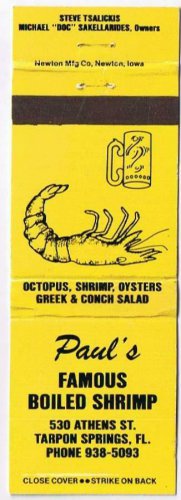 Matchbook Cover Paul's Famous Boiled Shrimp Tarpon Springs Florida