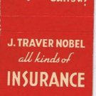Matchbook Cover J Traver Nobel Insurance Wilkes Barre Pennsylvania
