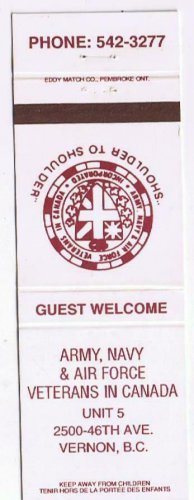 Matchbook Cover Army Navy & Air Force Veterans In Canada Unit 5 Vernon BC