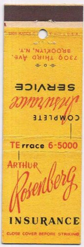 Matchbook Cover Arthur Rosenberg Insurance Brooklyn New York