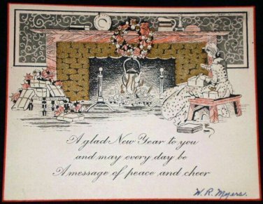 VINTAGE New Year Fireplace Card Canada