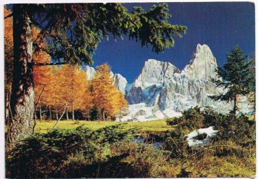 Landscape Postcard Red Autumn Trees Snow Capped Mountains