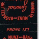 Matchbook Cover Oneida NY Hamblin Munz Haskell General Insurance