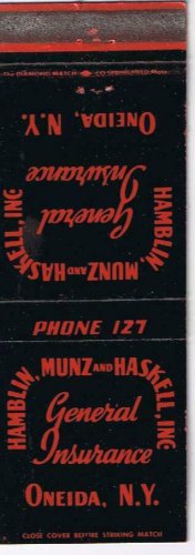 Matchbook Cover Oneida NY Hamblin Munz Haskell General Insurance