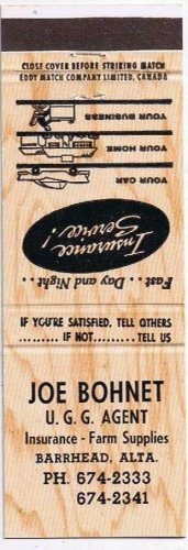 Matchbook Cover Barrhead AB Joe Bohnet Insurance Service