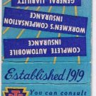 Matchbook Cover Baugher Insurance Agency Hanover Pennsylvania
