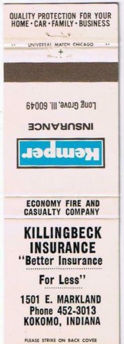 Matchbook Cover Long Grove Il Killingbeck Insurane Kemper Insurance