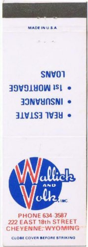 Matchbook Cover Wallick & Volk Insurance Cheyenne Wyoming