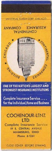 Matchbook Cover Cochenour Lenz Insurance Miamisburg Ohio