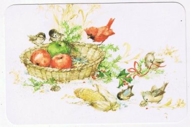 Christmas Postcard Happy Holidays Cardinal Birds Apple Corn Basket