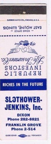 Matchbook Cover Slothower Jenkins Insurance Dixon Franklin Grove Illinois