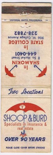 Matchbook Cover Schoop & Burd Insurance Shamokin & State College Pennsylvania