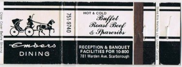 Matchbook Cover Embers Dining Reception & Banquet Scarborough Ontario