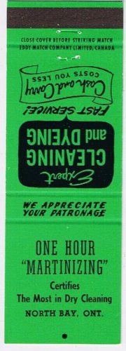 Matchbook Cover One Hour Matinizing North Bay Ontario Green