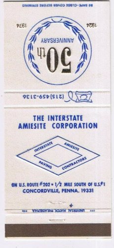 Matchbook Cover The Interstate Amiesite Corp Concordvillle Pennsylvania 59th