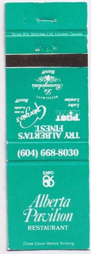 Matchbook Cover Vancouver BC Expo 86 Alberta Pavilion Restaurant