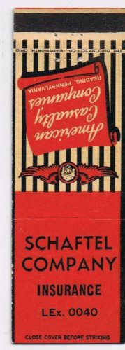 Matchbook Cover Reading PA Schaftel Company Insurance American Casualty