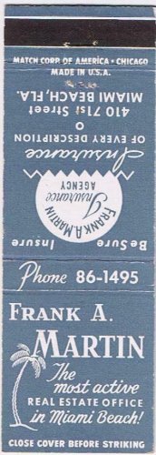 Matchbook Cover Frank A Martin Real Estate Insurance Miami Beach Florida