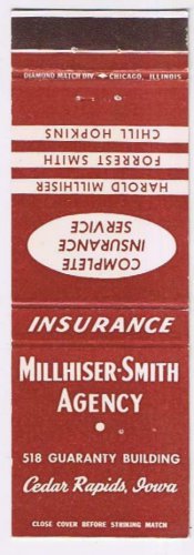 Matchbook Cover Millhiser Smith Agency Insurance Cedar Rapids Iowa
