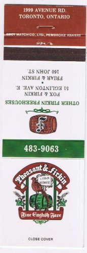 Matchbook Cover Pheasant & Firkin Toronto Ontario