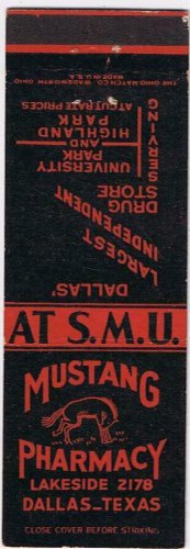 Matchbook Cover Mustang Pharmacy Drug Store At S.M.U. Dallas Texas Black