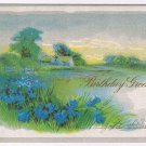 Birthday Postcard Greetings Blue Flowers House By River Crow Raven on Back