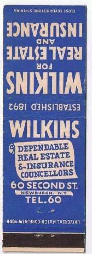 Matchbook Cover Wilkins Real Estate & Insurance Newburgh New York