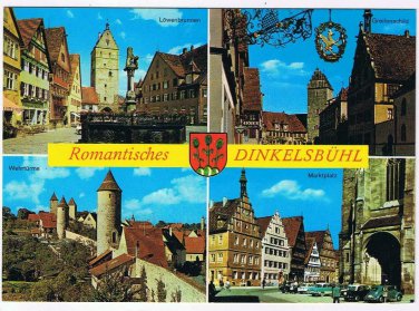 Germany Postcard Dinksbuhl Romantisches Lowenbrunnen Marktplatz Wehrturme