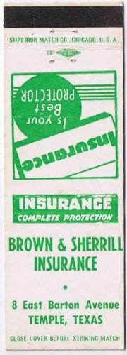 Matchbook Cover Brown & Sherrill Insurance Temple Texas