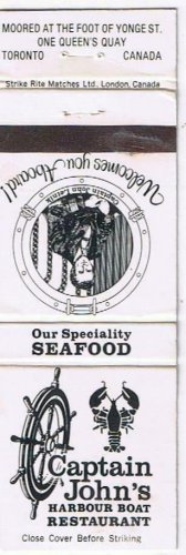 Matchbook Cover Captain John's Harbour Boat Seafood Restaurant Toronto Ontario
