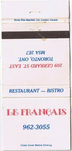 Matchbook Cover Le Francais Restaurant Bistro Toronto Ontario