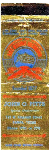 Matchbook Cover Pampa TX John O Pitts American United Life Insurance
