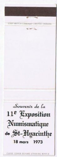 Matchbook Cover 11th Exposition Nunismatique de St Hyacinthe Quebec Mar 18 1973